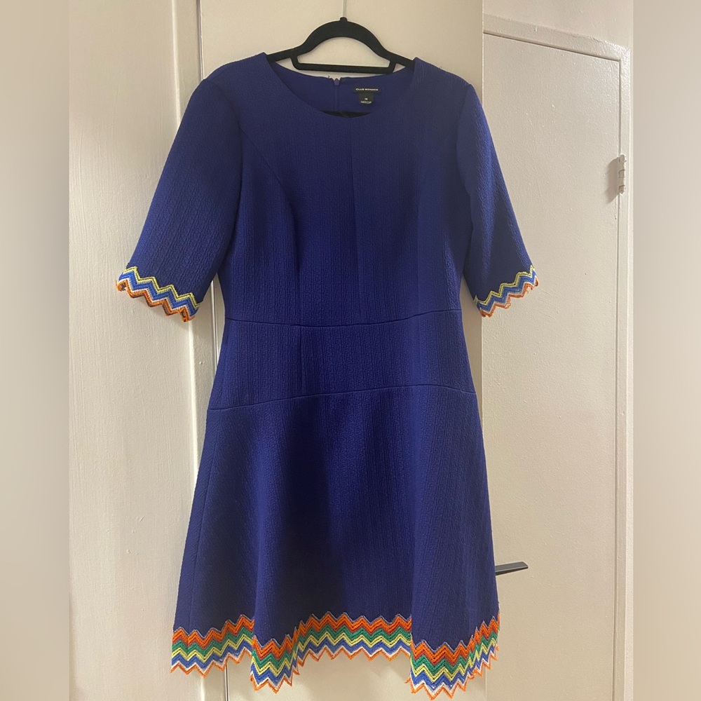 Club Monaco Royal Blue Textured A-Line Dress with Chevron Trim